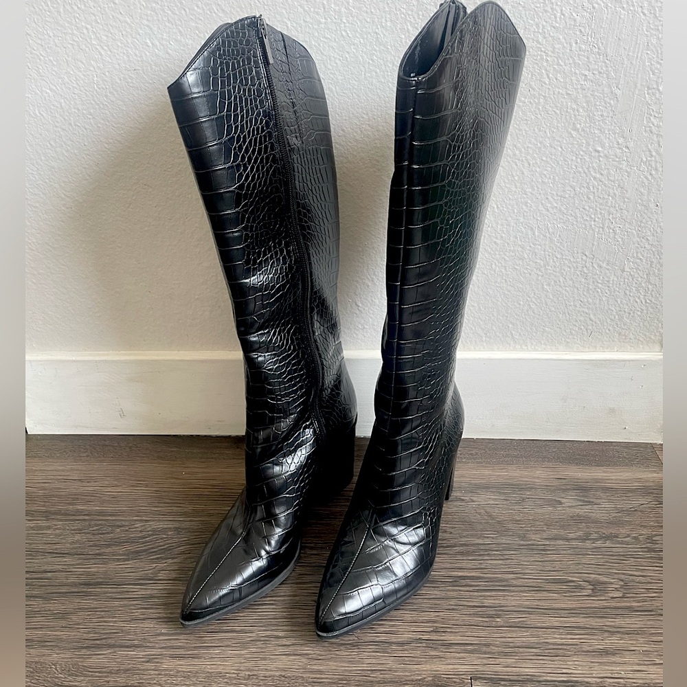 BCBGeneration Janda knee high boot, black croc faux leather, sz 9